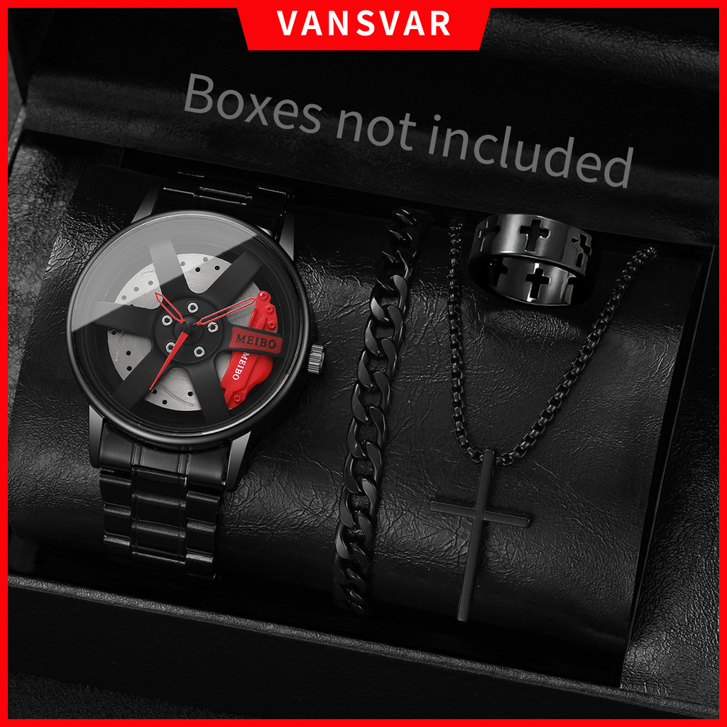 Fashion Men Sports Watches 3d Car Wheel Steel Band Men's Quartz Watch Bracelet Set（Without Box）