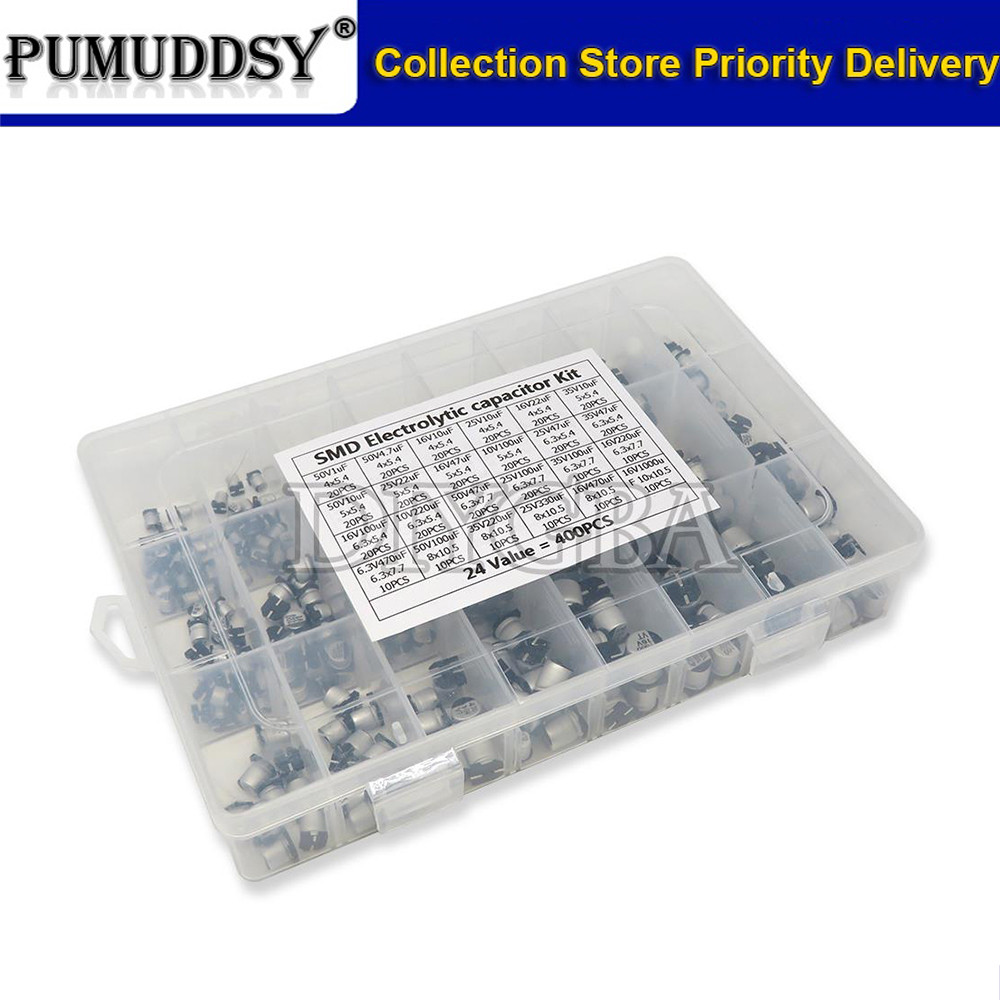 1uF ~ 1000uF 6.3V-50V 400PCS 24Value SMD ตัวเก็บประจุอลูมิเนียมอิเล็กโทรลีติคชุดแบ่งประเภท + กล่อง