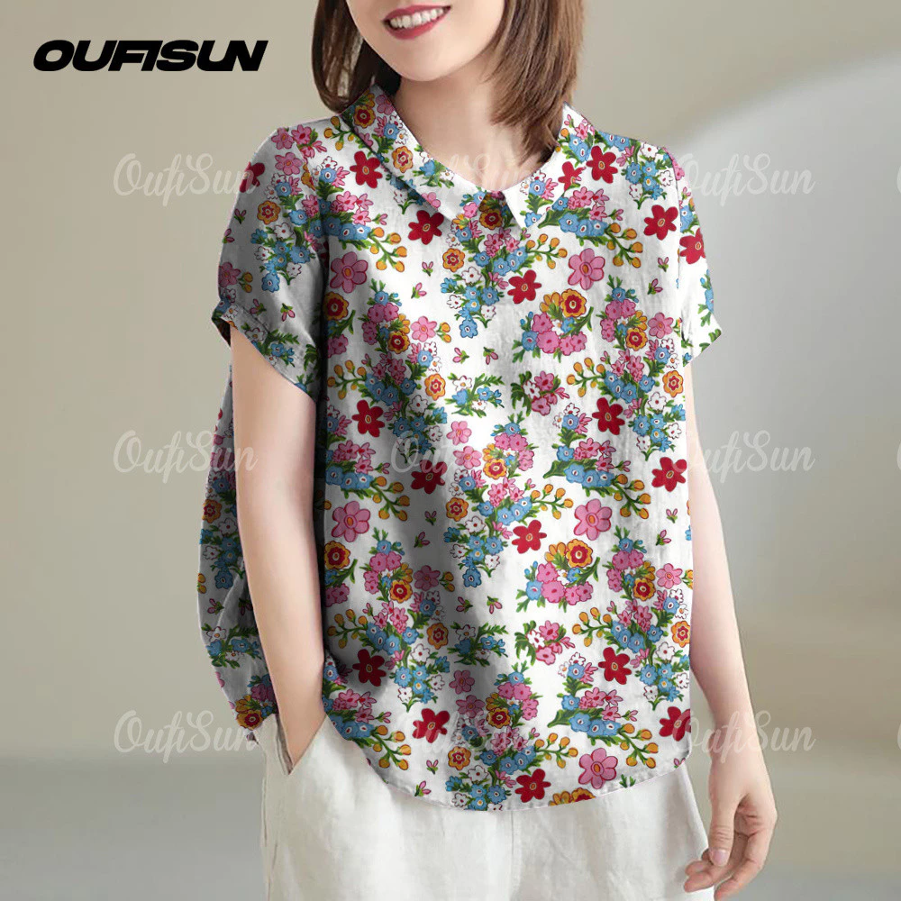 เสื้อลายดอกผู้หญิง เสื้อเชิ้ตผ้าฝ้าย เสื้อฮาวายแขนสั้น - รูปที่ 1