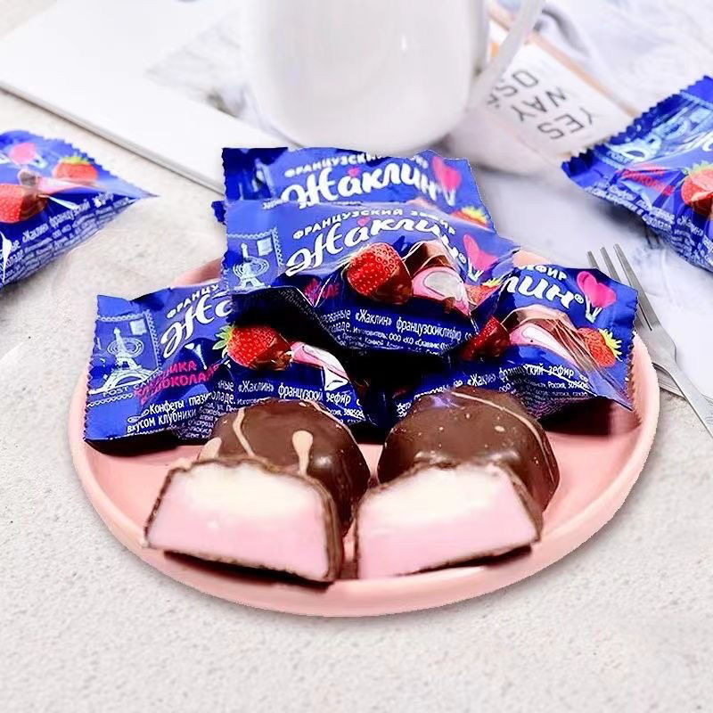รัสเซียนำเข้าสลาฟสตรอเบอร์รี่รสช็อคโกแลตฟัดจ์เค้กนุ่มมูสฝรั่งเศส zefir ขนมหวานมาร์ชเมลโล่