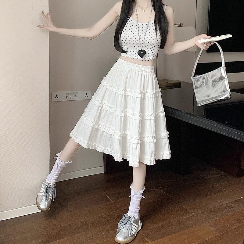 กระโปรงเค้กสีขาวกระโปรงผู้หญิงฤดูร้อนสไตล์ใหม่เอวสูง ก-เส้น ป้องกันแสงสะท้อน