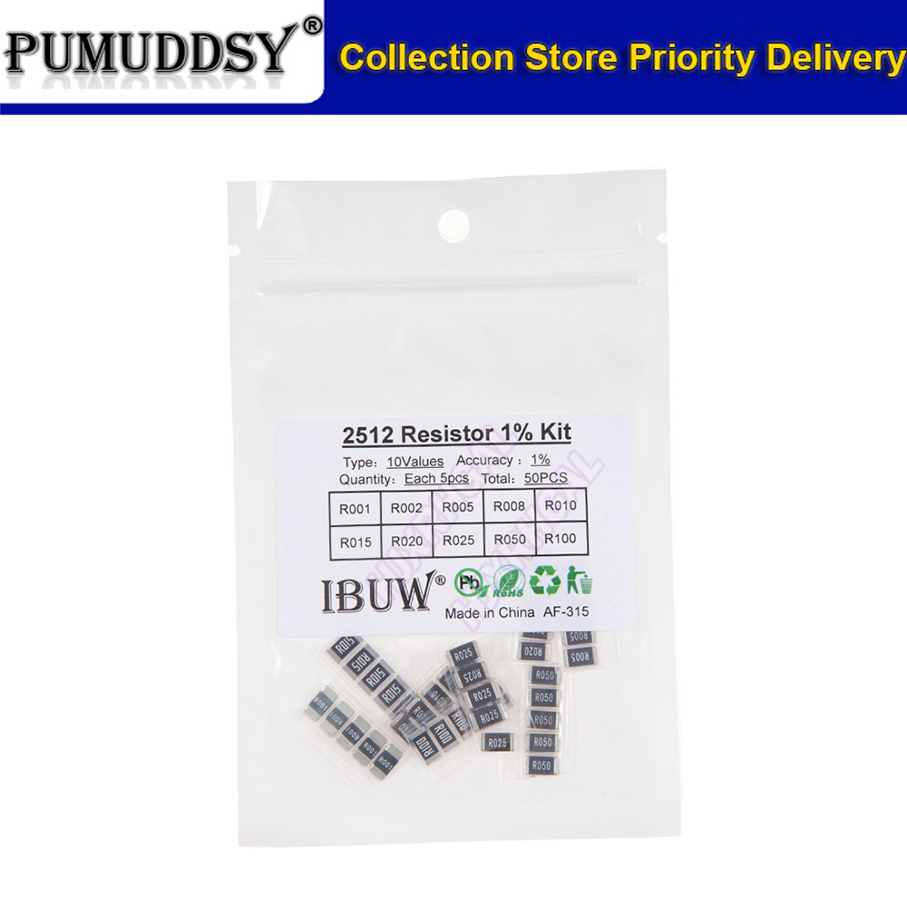 50PCS Alloy resistance 2512 SMD Resistor ตัวอย่างชุด,10 ชนิดX5pcs = 50pcs R001 R002 R005 R008 R010 R