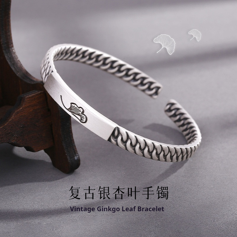 Jf Vintage Ginkgo Leaf เปิดสร้อยข้อมือ 999 สร้อยข้อมือเงินแท้ Solid สูญญากาศชุบ Non-Fading หญิงเครื