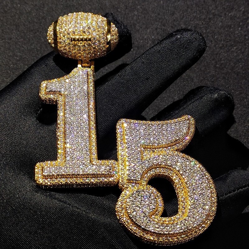 Custom Iced Out Bling Number Pendant Necklaces With Football Bail Letter Arabic CZ Zircon Two Tone