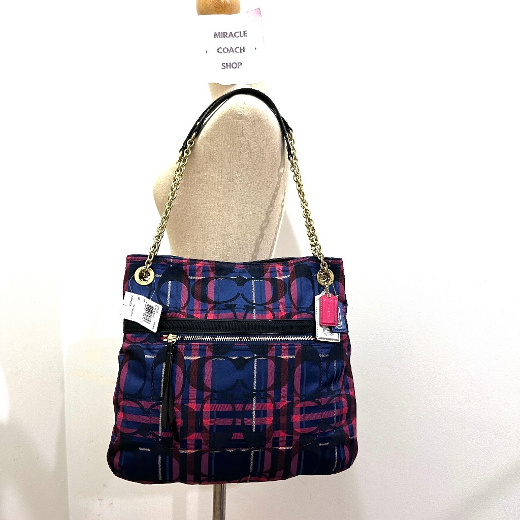 กระเป๋าสะพาย Coach แท้ ผ้าลาย Coach และลาย Tartan สายสะพายไหล่และสะพายเฉียงได้ Coach 21136 Poppy Ta