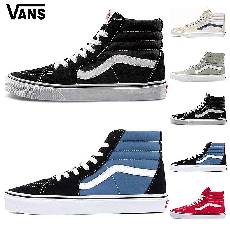 2024 VANS Sk8 Hi CLASSIC สีดำและสีขาวสีดำและสีน้ำเงิน high stitching TOP รองเท้าผ้าใบลำลองสำหรับบุร