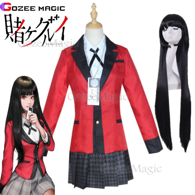 LY 【Full Set】 Anime Cosplay Costume Jumpsuit Kakegurui Jabami Yumeko School Uniforms Dress Wig Hall