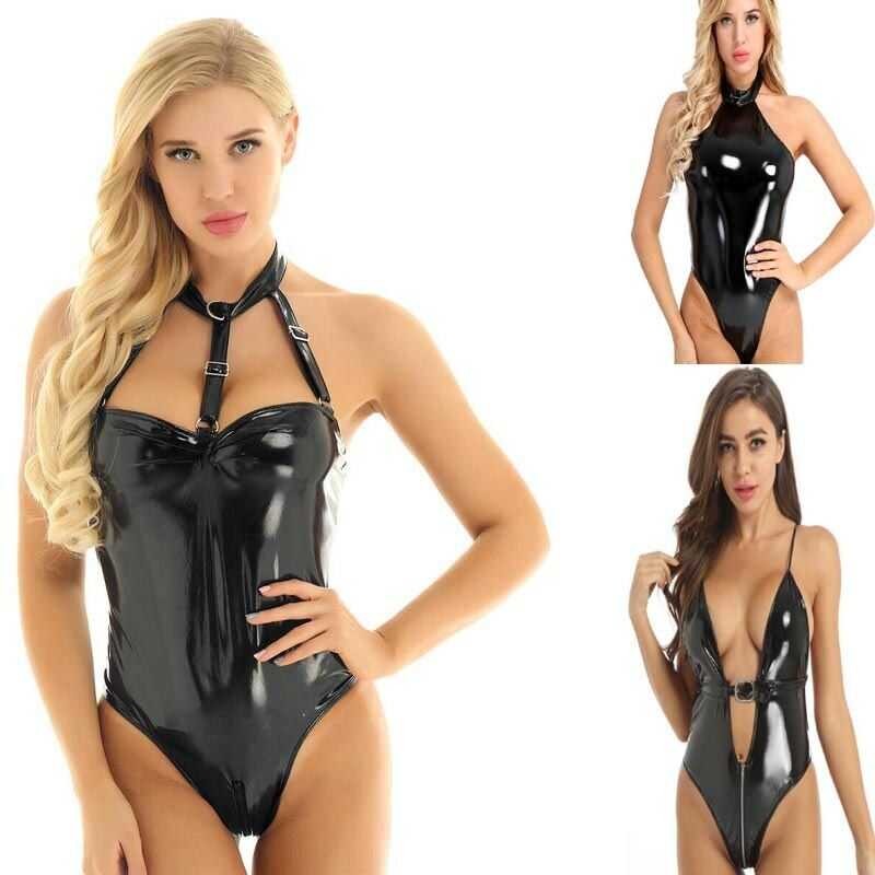 ❤ Women Latex Look PVC Leather Teddy Catsuit Bodysuit Sexy Jumpsuit Clubwear Mistress Fetish Co