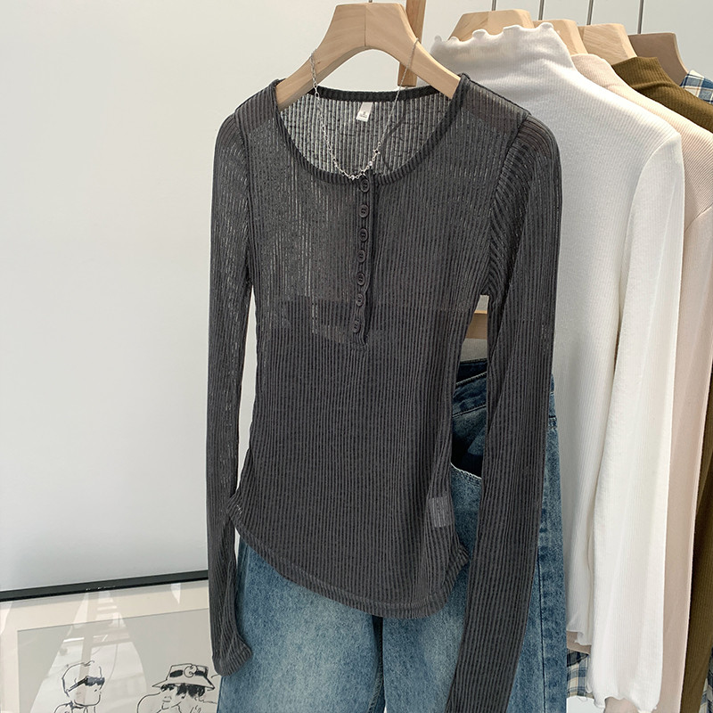 83512 เสื้อยืดคอกลมแขนยาวด้านในทรงสลิมโปร่งใสเล็กน้อย