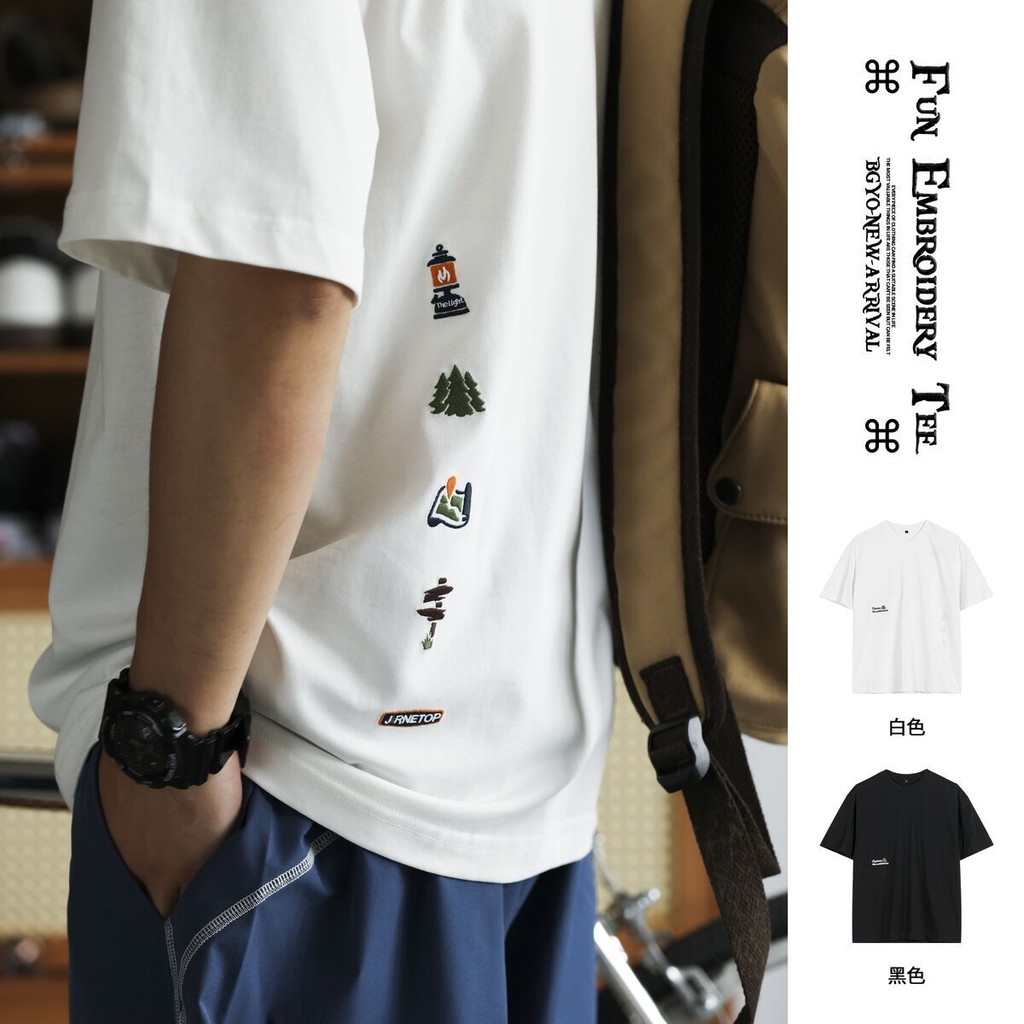 วูลูแวร์ อเมริกันสบาย ๆ สนุกปักแขนสั้นเสื้อยืดผู้ชายความรู้สึกเย็น 7ก ต้านเชื้อแบคทีเรียผ้าฝ้ายแท้รอบคอ จุดต่ําสุด เสื้อฤด