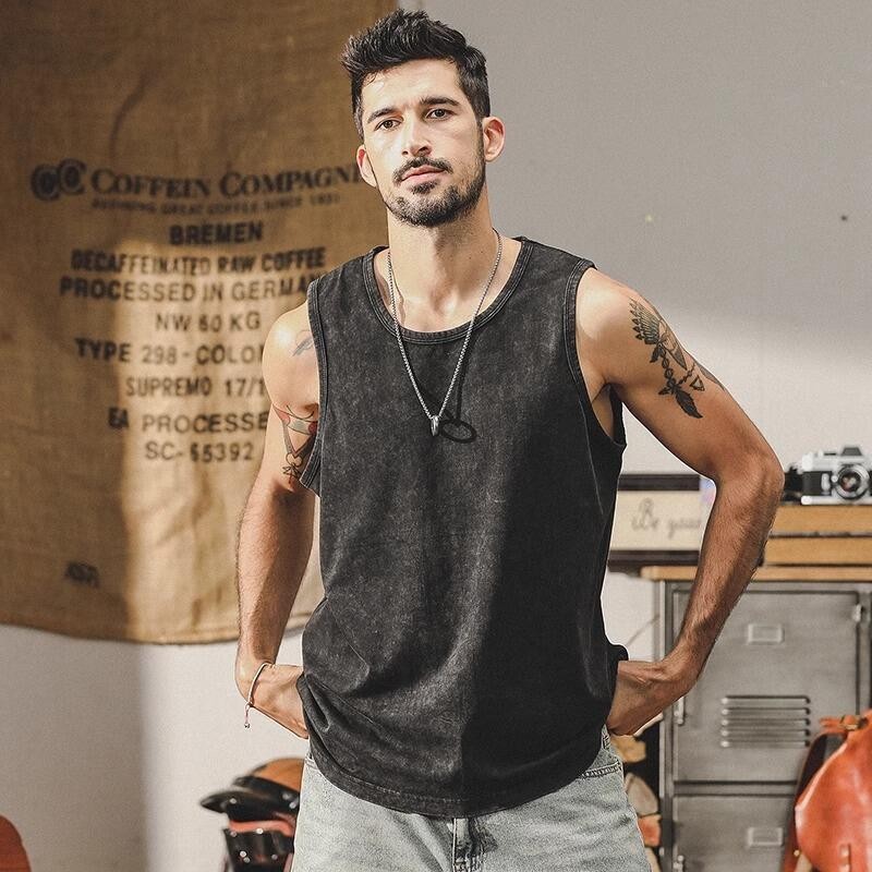 Gerino Batik Snowflake American Retro Pure Cotton Vest Mens Fitness Basketball Loose Street Wear เสื้อยืดแขนกุดผู้ชาย