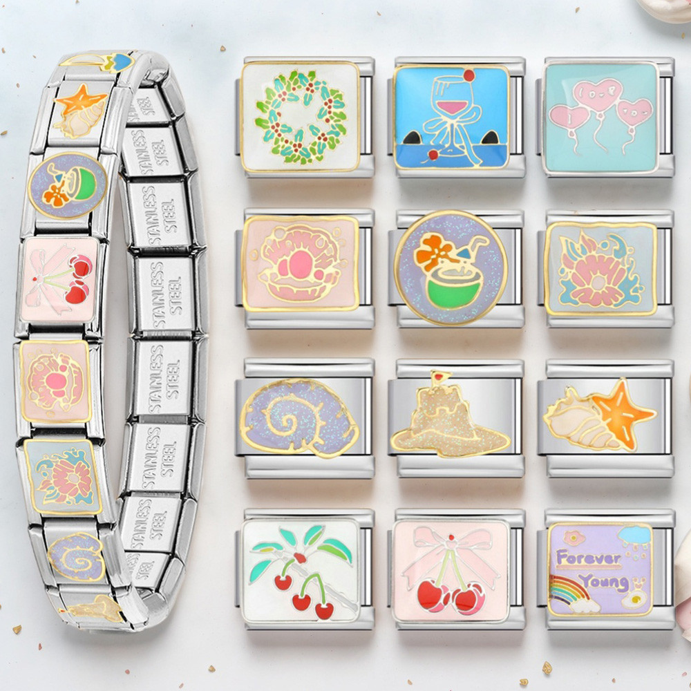 Y2K สแตนเลส 9 มม.โซ่ Charms แฟชั่นผลไม้กระถางต้นไม้เปลวไฟ Snail เครื่องประดับทําอิตาเลี่ยนสร้อยข้อมือ DIY ลูกปัด
