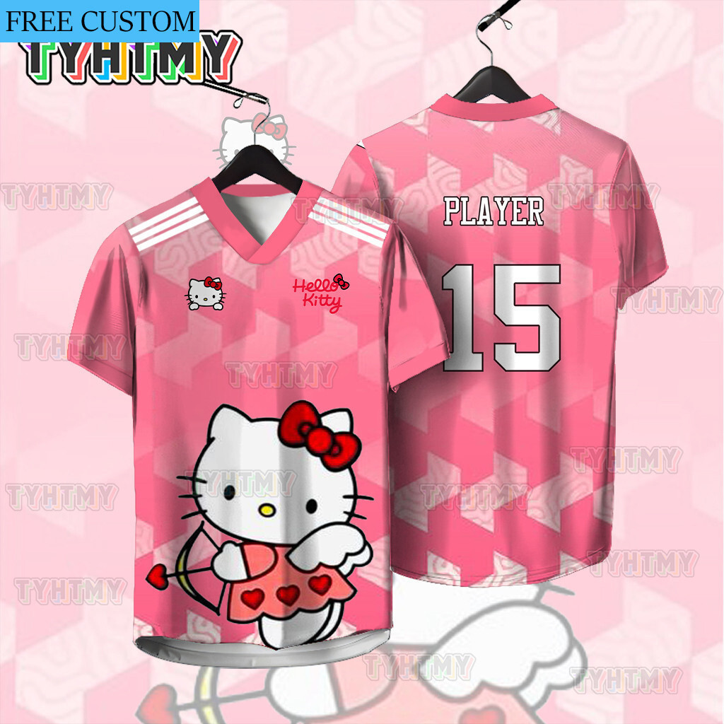 [ชื่อที่กำหนดเองฟรี] การ์ตูนน่ารัก Hello Kitty พิมพ์ลายตามใจชอบ Baju Jersey Lelaki Unisex แฟชั่นสบาย ไซส์ใหญ่หลวม V คอ Street Jersey
