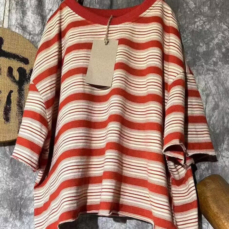 ♞,♘,♙สินค้าใหม่เวอร์ชั่นเกาหลี ด้านบนหลวม ลําลองย้อนยุค คอรูปวงกลม เสื้อยืดแขนสั้น FTH