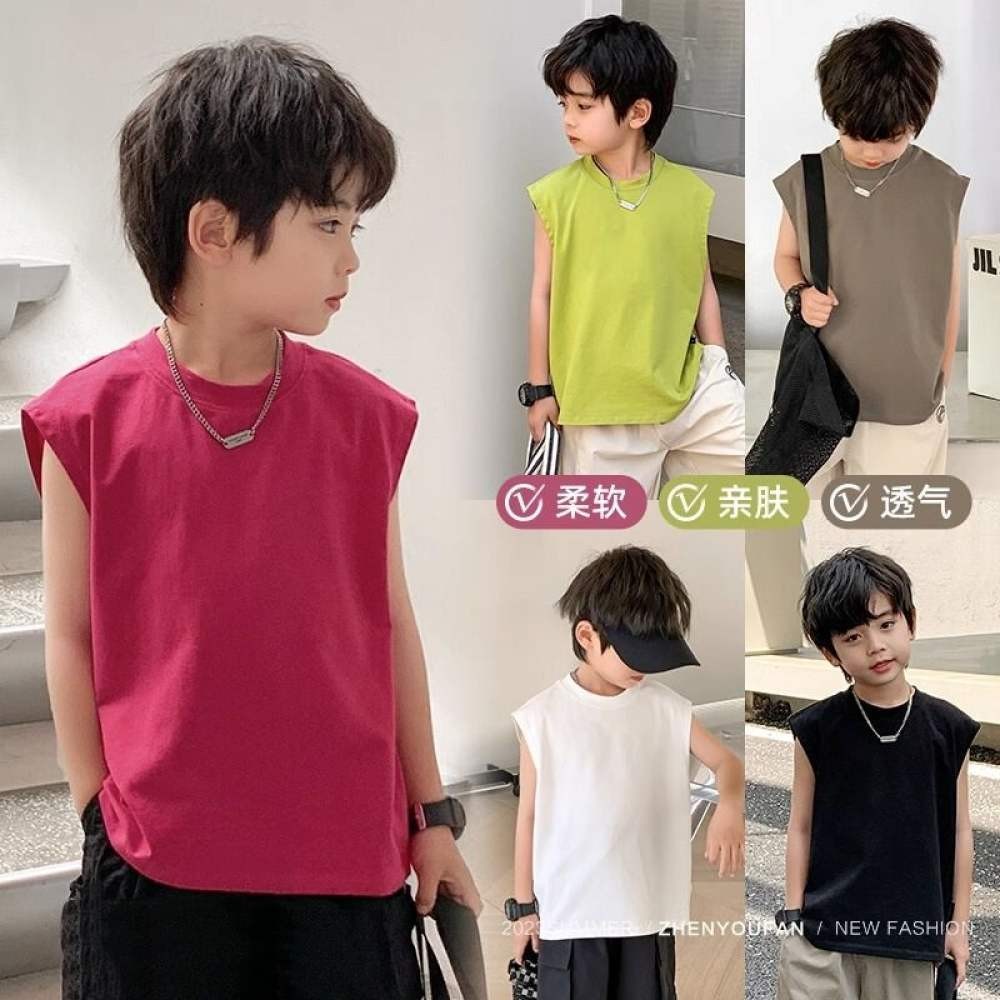 เสื้อผ้าเด็กสําเร็จรูปแฟชั่นฤดูร้อนเด็กชายเสื้อกั๊กแขนกุดเสื้อยืดเด็ก