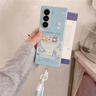 เคสโทรศัพท์แมวการ์ตูนสีฟ้าพร้อมเชือกกันหาย สําหรับ Samsung Galaxy Z Fold5/Fold6/Fold7
