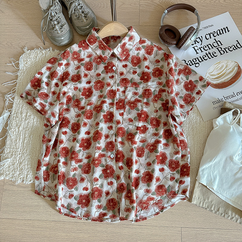 Solovely ผู้หญิง เก๋ หลวม ลายดอกไม้ เสื้อเชิ้ต เกาหลี สตรีทสไตล์ แขนสั้น เสื้อตัวบน - รูปที่ 6