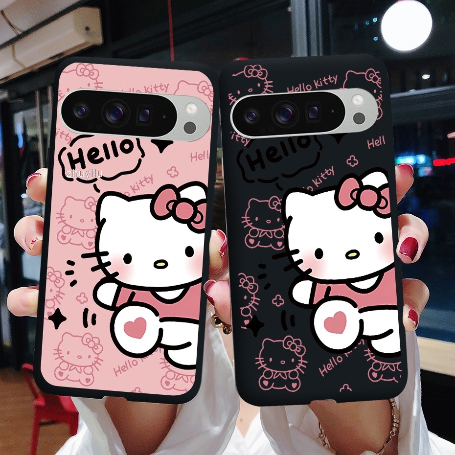 สําหรับ Google PIXEL 9 G2YBB GUR25 G1B60 สีดําเคสโทรศัพท์แบบนุ่ม Hello Kitty สีขาว