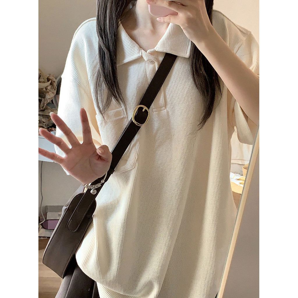 Solovely M-2XL ผู้หญิง สไตล์เกาหลี เสื้อหลวม วาฟเฟิล เสื้อยืด โอเวอร์ไซส์ แขนสั้น เสื้อโปโล
