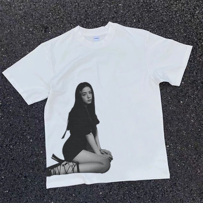 Heavyweight Jin Jisoo Jisoo Retro Retro ตัวละครพิมพ์เสื้อยืดแขนสั้นผ้าฝ้ายสั้น ๆ