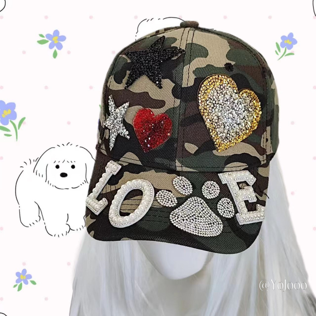 @ YoJooo American Retro Washed Letter Camouflage เบสบอลหมวก y2k สาวร้อน Heavy Industry หมวก Rhinestone หมวกลูกสุนัข - รูปที่ 7