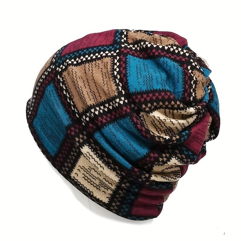 Vintage พิมพ์ Slouchy Beanie คลาสสิกสีบล็อกยืดหยุ่น Skull หมวก Boho Windproof Beanies สําหรับผู้หญิงผู้ชายฤดูใบไม้ร่วงและฤดูหนาว