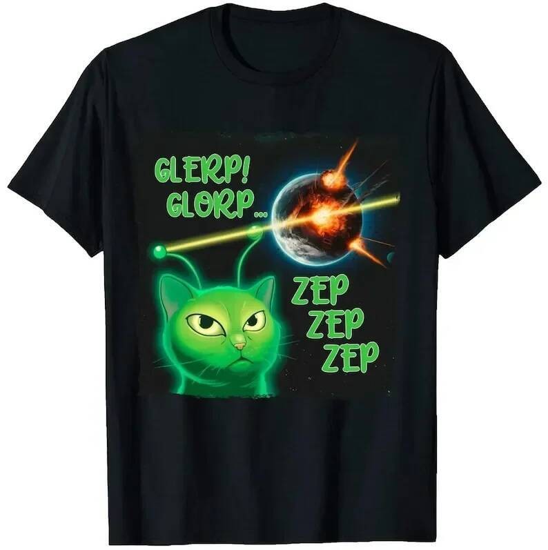 Alien Cat Meme Glerp Glorp Zep Brainrot เสื้อผู้หญิง Goofy ahh Dank Memes Tshirt Silly Cat Tee