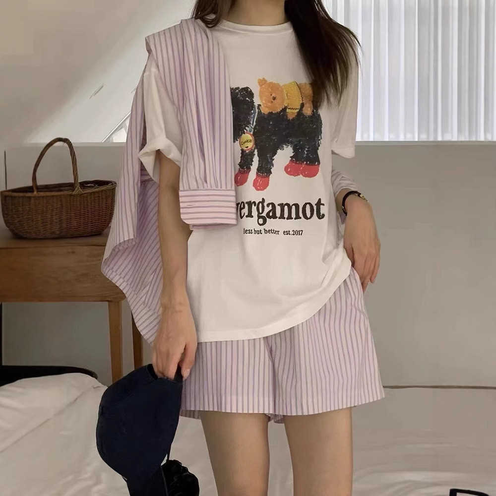 ♞ผ้าฝ้ายแท้รอบคอลูกสุนัข พิมพ์ลายเสื้อยืด 2025 ฤดูร้อน ผู้หญิง แขนสั้น Top vergam * t WHF