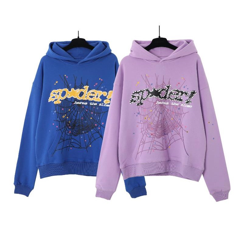 ♞Sp5der สไตล์ใหม่ 555555เสื้อกันหนาวลําลอง ผ้าฝ้ายแท้ มีฮู้ด ทรงหลวม พิมพ์ลาย Cobweb Foam 2025