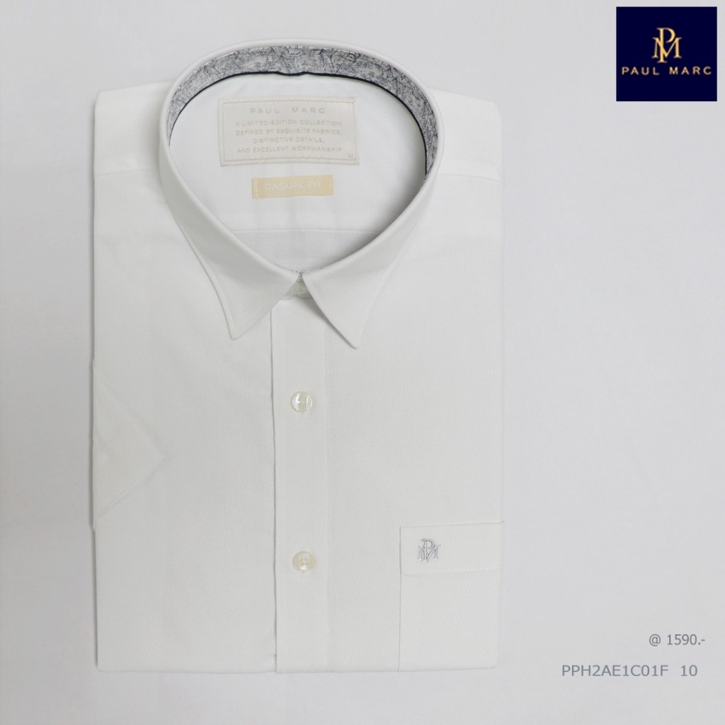 ♞PAUL MARC เสื้อเชิ้ตแขนสั้นสีขาว ผ้า OXFORD พร้อมชิ้นแต่งคอลายพิมพ์ ผ้านุ่มใส่สบาย PPH2AECC01F KJF