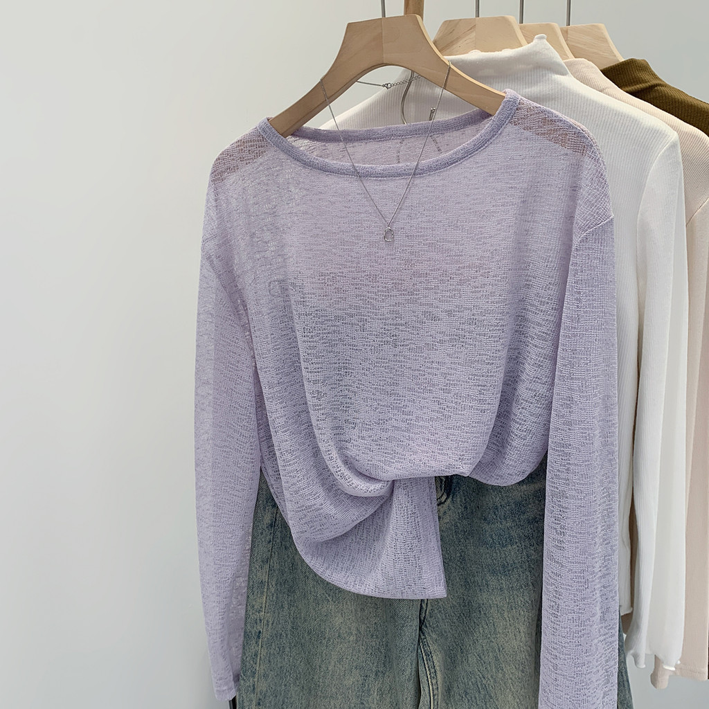 เสื้อยืดแขนยาวทรงหลวม บางและโปร่งใสเล็กน้อย