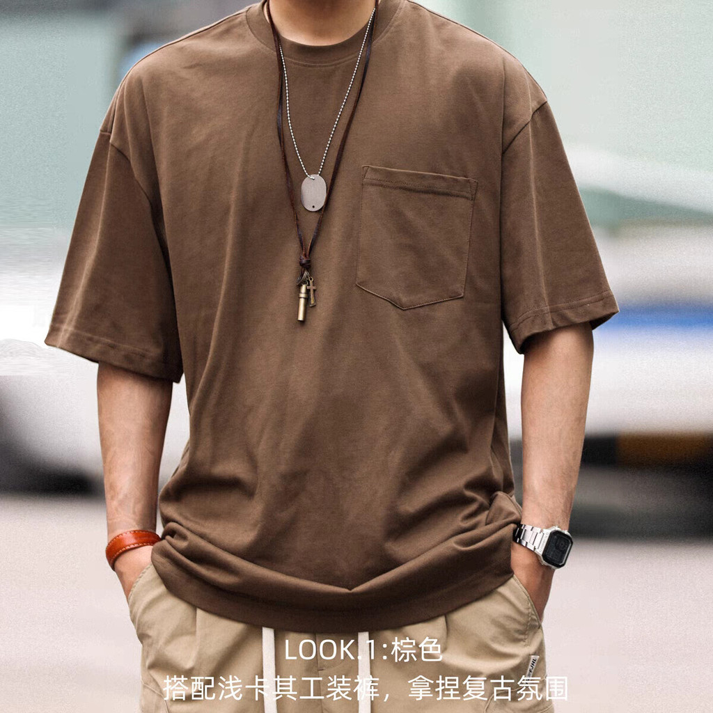 Richell 2025 สไตล์อเมริกัน เสื้อยืดแขนสั้น ผ้าฝ้ายแท้ 280g กระเป๋าเครื่องมือขนาดใหญ่สำหรับฤดูร้อน