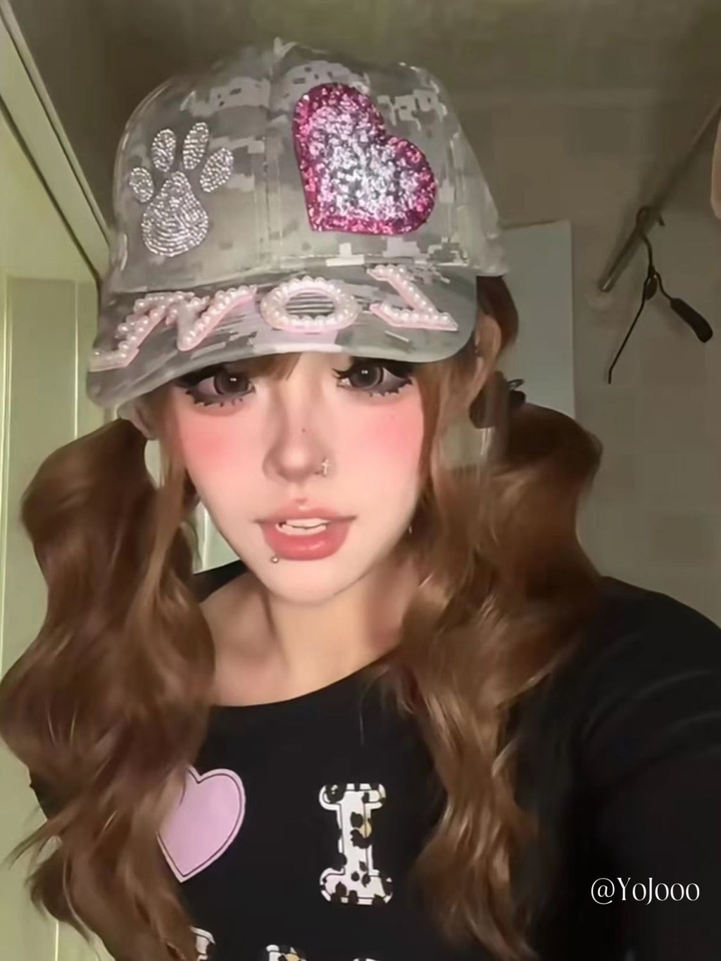 @ YoJooo American Retro Washed Letter Camouflage เบสบอลหมวก y2k สาวร้อน Heavy Industry หมวก Rhinestone หมวกลูกสุนัข - รูปที่ 5