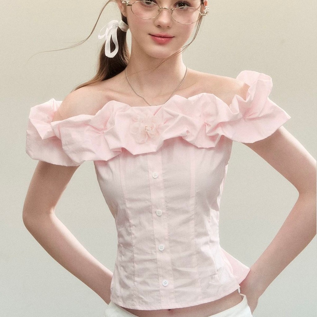 เสื้อปาดไหล่ฝรั่งเศส 25 ฤดูร้อนสไตล์ใหม่ออกแบบเอวแคบสไตล์สั้น Classy Off-the- - รูปที่ 4