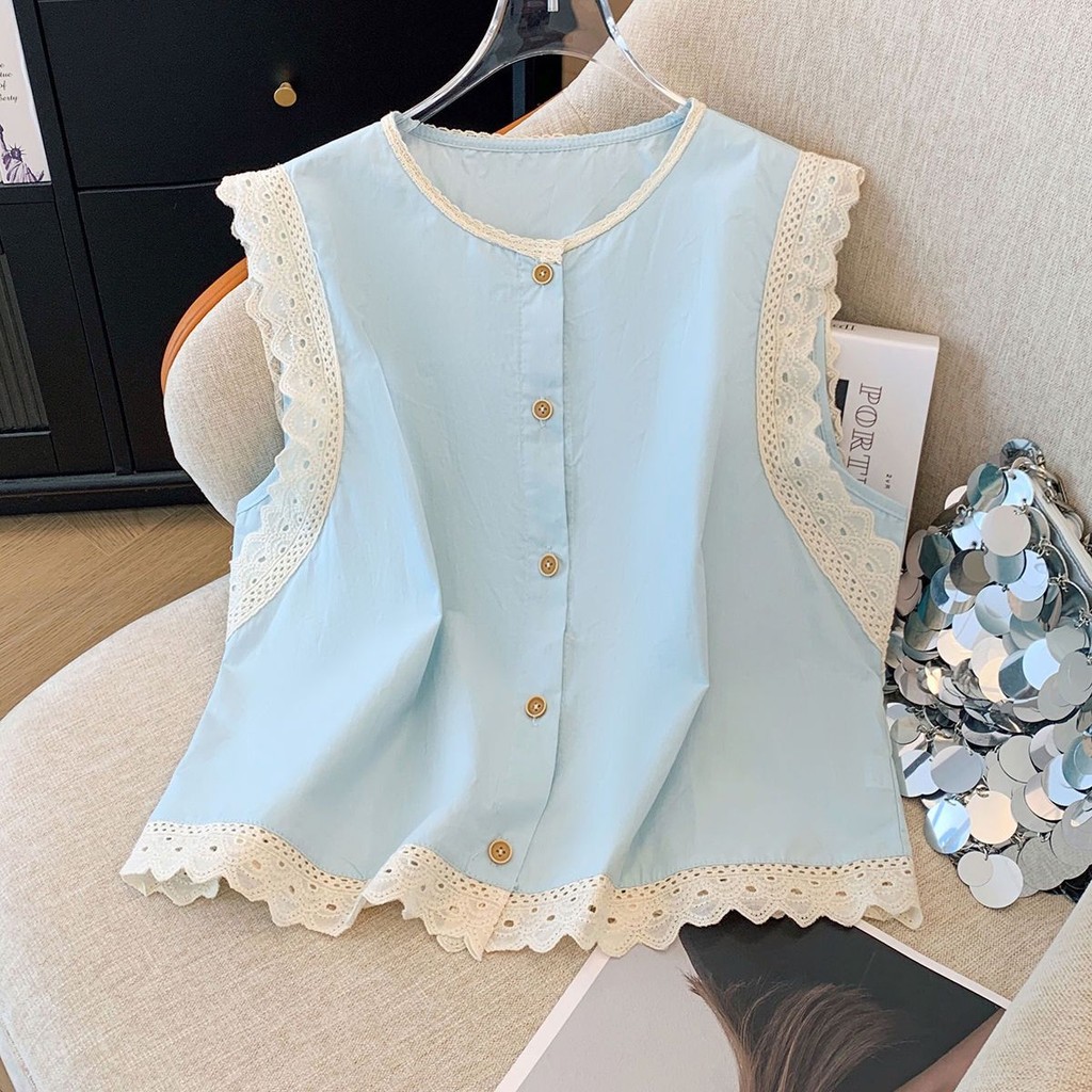 เสื้อเชิ้ต ลูกไม้ฤดูร้อนฝรั่งเศสสไตล์ใหม่เย็บแขนกุดหลวมลูกไม้คอกลม