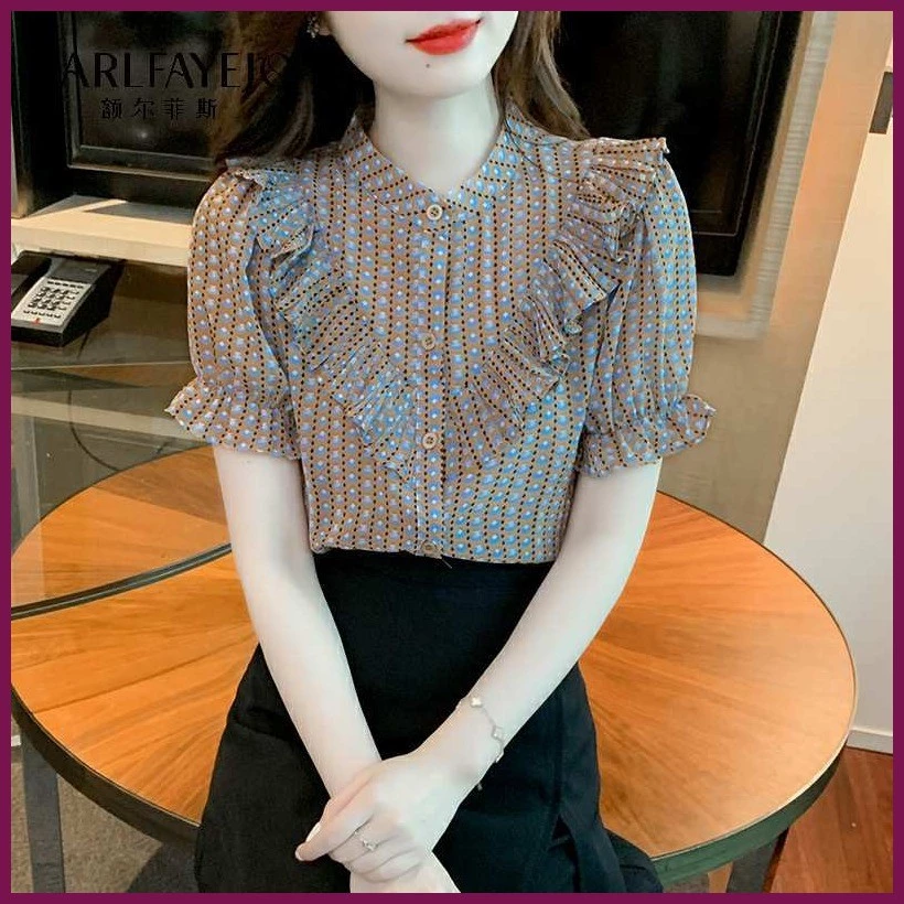 เสื้อสตรีแขนสั้นผ้าชีฟองลายดอก คอกลม - รูปที่ 1