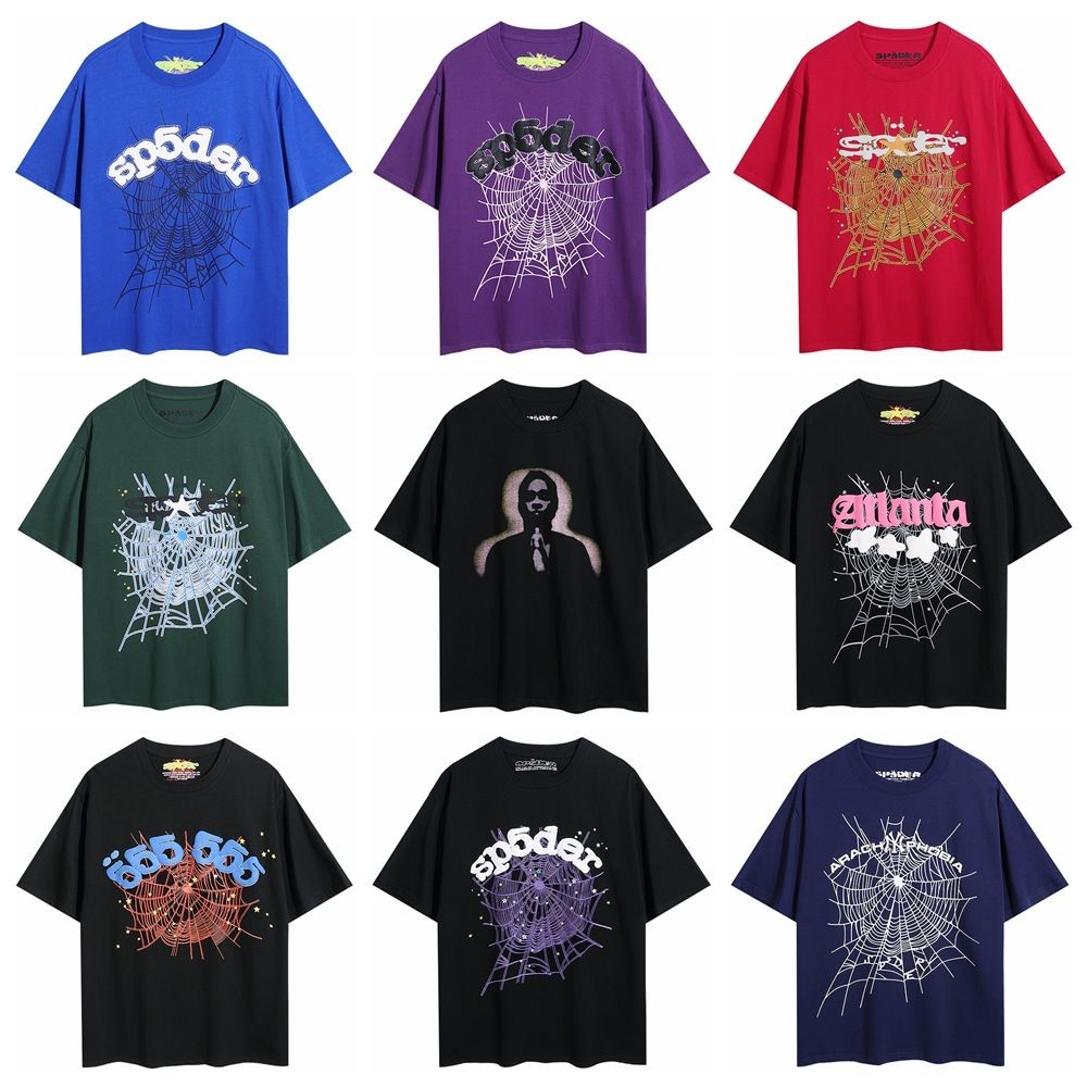 Sp5DER 555 Spider Web Foam Printing High Street Trend ผู้ชายและผู้หญิงคู่เสื้อยืดแขนสั้นผ้าฝ้ายแท้