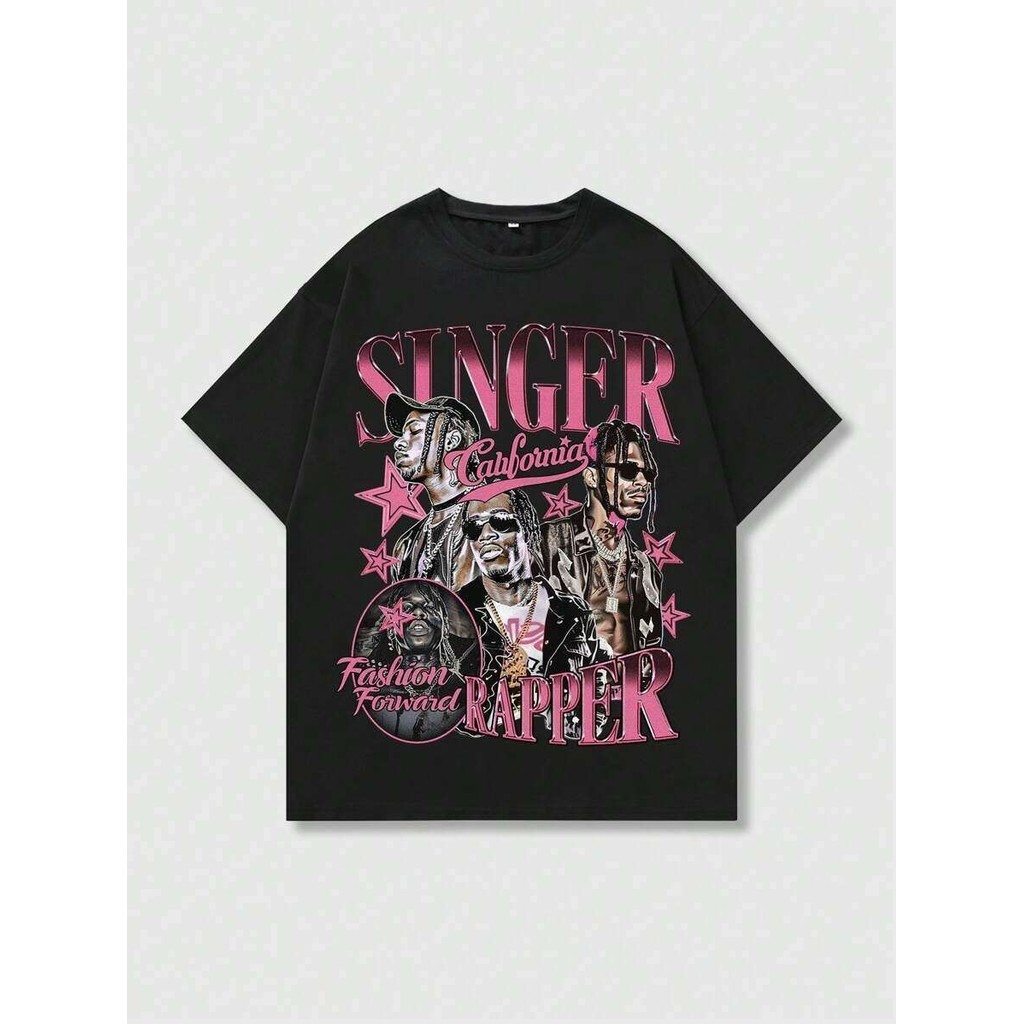 ROMWE MEN Street Life เสื้อยืดแขนสั้นพิมพ์ลายฮิปฮอปสําหรับผู้ชายเหมาะสําหรับสวมใส่และโรงเรียนทุกวันใ