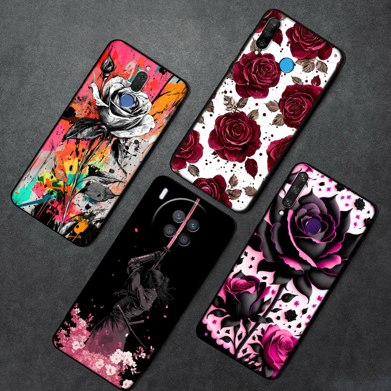 เคสโทรศัพท์สีดํานุ่มสําหรับ Huawei P10 P20 P30 P40 Lite Y5P Y6P Y7A Y9A Y5 Y6 Pro Y6S 18KZ rose Cove