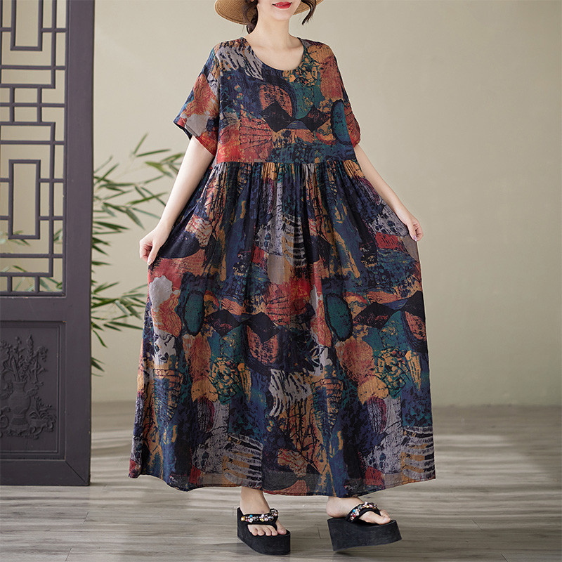 Oladivi L-7XL Plus ขนาดแฟชั่นผู้หญิงพิมพ์ชุดโบฮีเมียนแขนสั้นลําลองหลวมขนาดใหญ่ฤดูร้อนยาว Boho Beach 