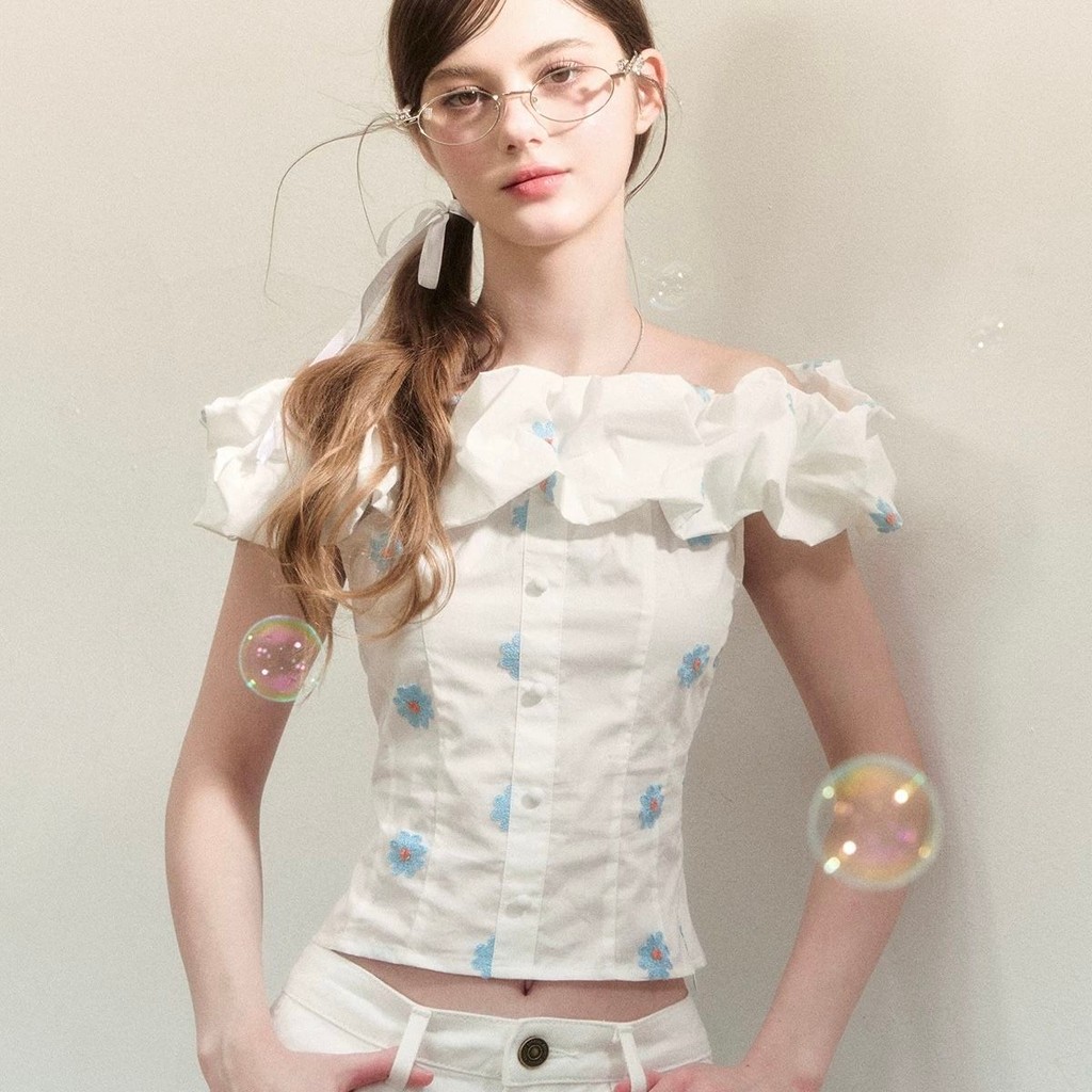 เสื้อปาดไหล่ฝรั่งเศส 25 ฤดูร้อนสไตล์ใหม่ออกแบบเอวแคบสไตล์สั้น Classy Off-the- - รูปที่ 3