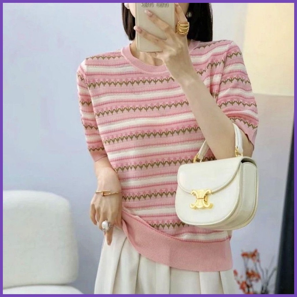S-XLเสื้อถักลายดอกไม้มีเลเซอร์สีชมพูไซส์ใหญ่แขนสั้นสวมหัวสไตล์เกาหลีฤดูร้อน2025