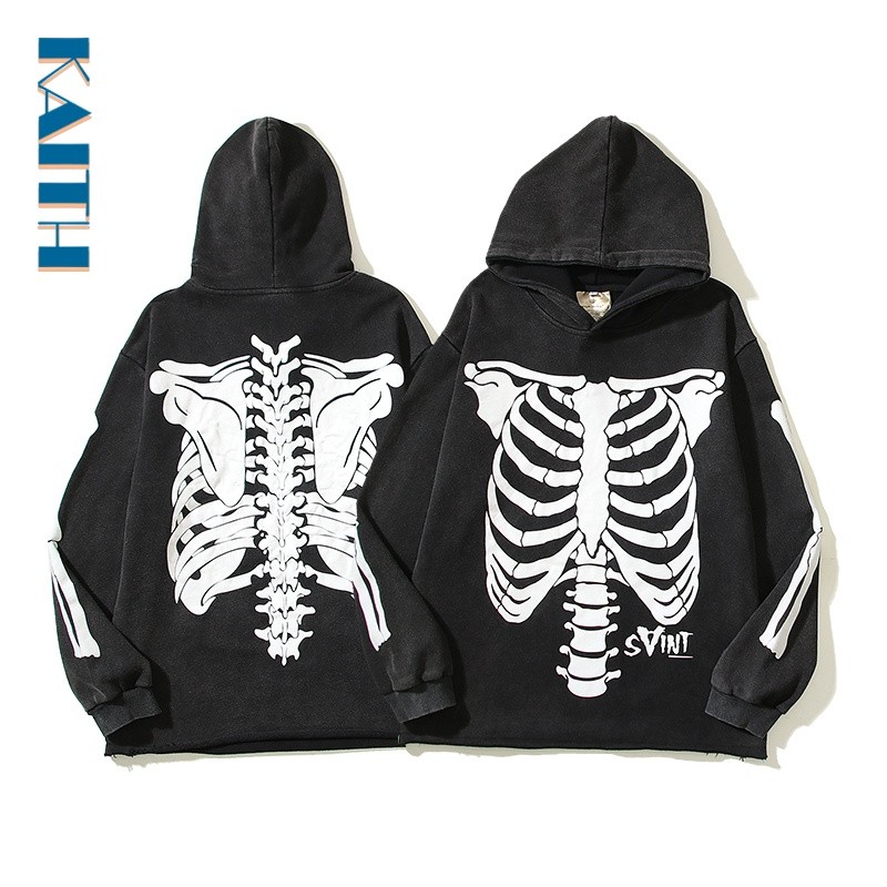 ♞พร้อมส่ง เสื้อกันหนาวแขนยาว มีฮู้ด ผ้าฝ้าย พิมพ์ลายโครงกระดูก พลัสไซซ์ สไตล์เกาหลี แฟชั่นสําหรับผู