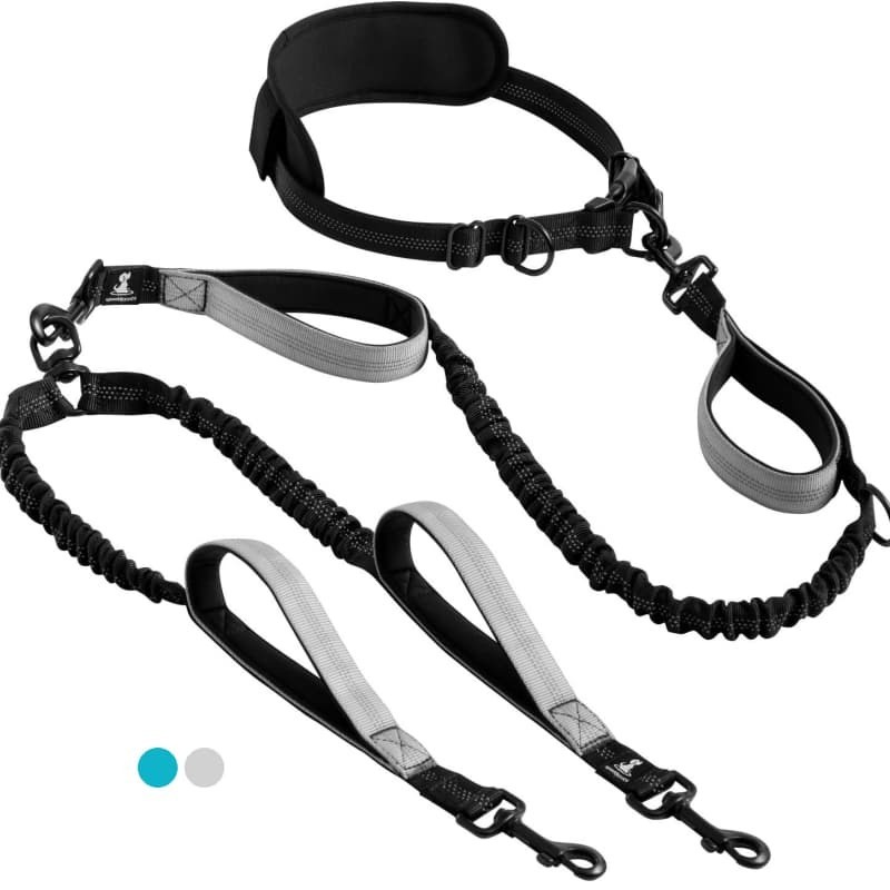 สายจูงสุนัขคู่ Bungee Shock Absorbing Heavy Duty 360 Swivel Splitter แฮนด์ฟรี Multi Grip Control สําหรับขนาดใหญ่ Energetic Breeds เดินวิ่ง​