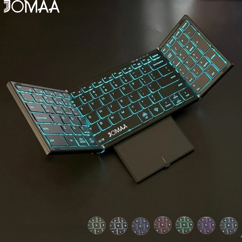 Jomaa RGB Backlit คีย์บอร์ดพับบลูทูธ USB ไร้สายขนาดเต็มคีย์บอร์ด Fokdable พร้อมแป้นพิมพ์ชาร์จหมายเลขทัชแพด
