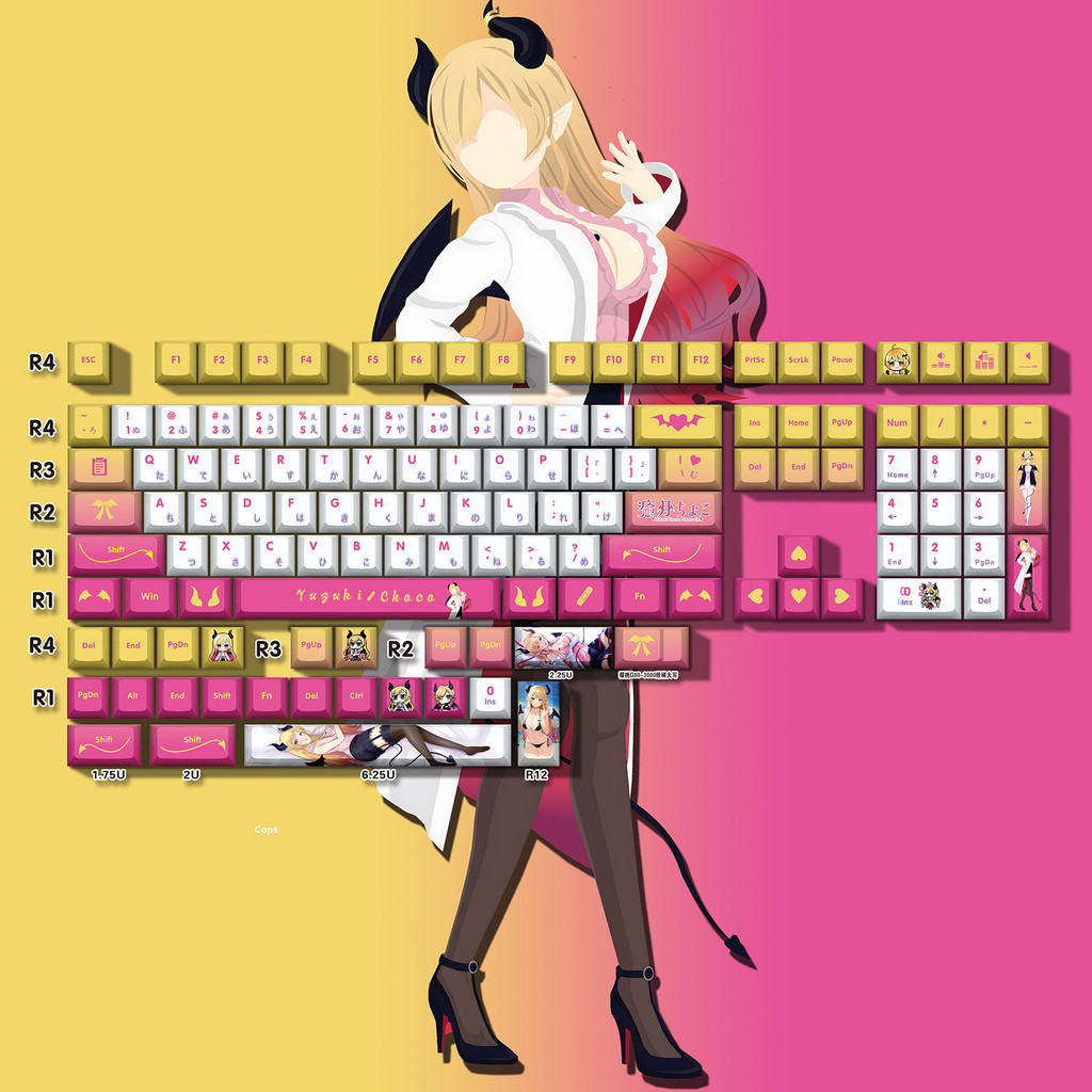 Yuyue Qiaoke 2D Anime Sublimation Mechanical Theme คีย์บอร์ดอุปกรณ์ต่อพ่วงพัดลม Keycap