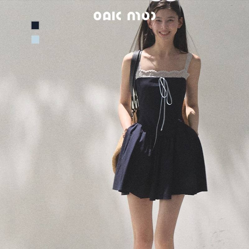 Shanmieleng Tencel ผ้าฝ้ายลินินเย็บชุดเดรสสลิงทรงเข้ารูปสองชิ้น