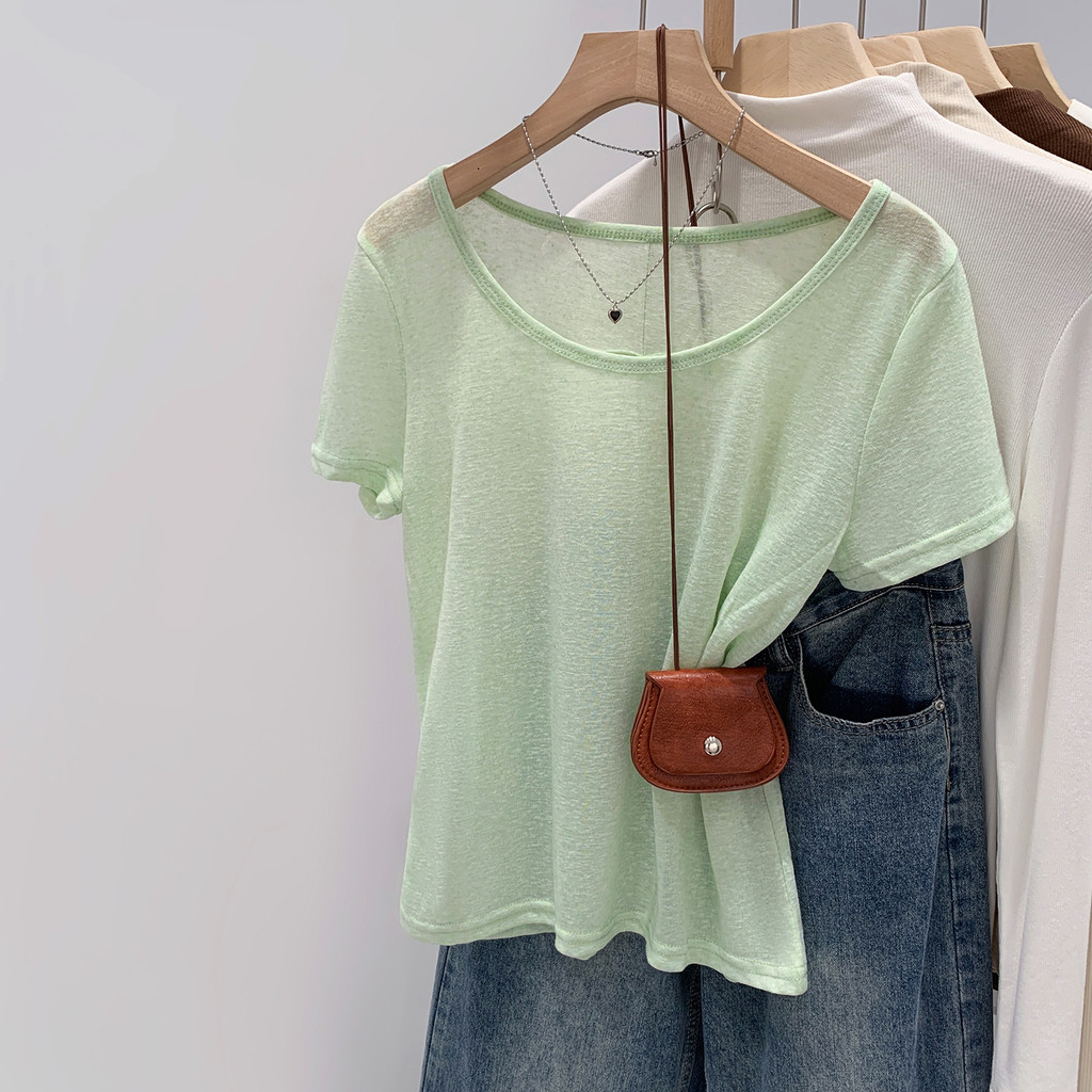 89178 เสื้อยืดแขนสั้นคอกลมบางเข้ากันทั้งหมดผู้หญิง