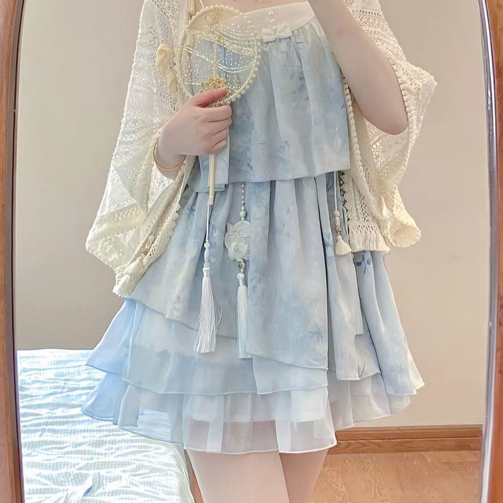 ของขวัญของดีไซน์เนอร์ Sea Fog Whisper สไตล์จีนสไตล์โลลิต้าดัดแปลงองค์ประกอบจีนชุดกระโปรงผ้าคลุมไหล่