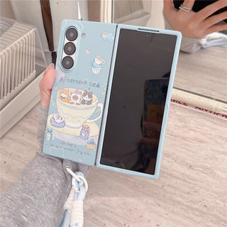เคสโทรศัพท์แมวการ์ตูนสีฟ้าพร้อมเชือกกันหาย สําหรับ Samsung Galaxy Z Fold5/Fold6/Fold7
